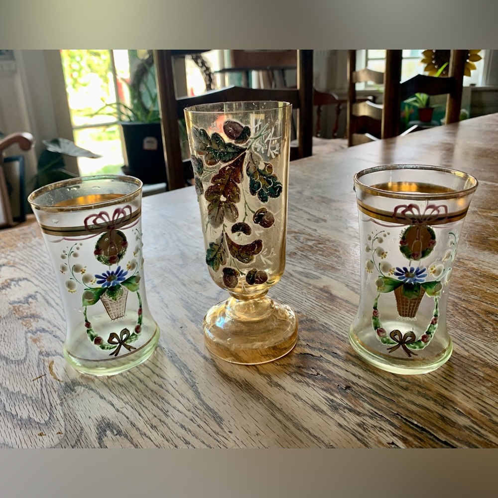 3 Vtg/Antique Hand Painted Glasses Goblet Victorian Eclectic Floral Acorns ***